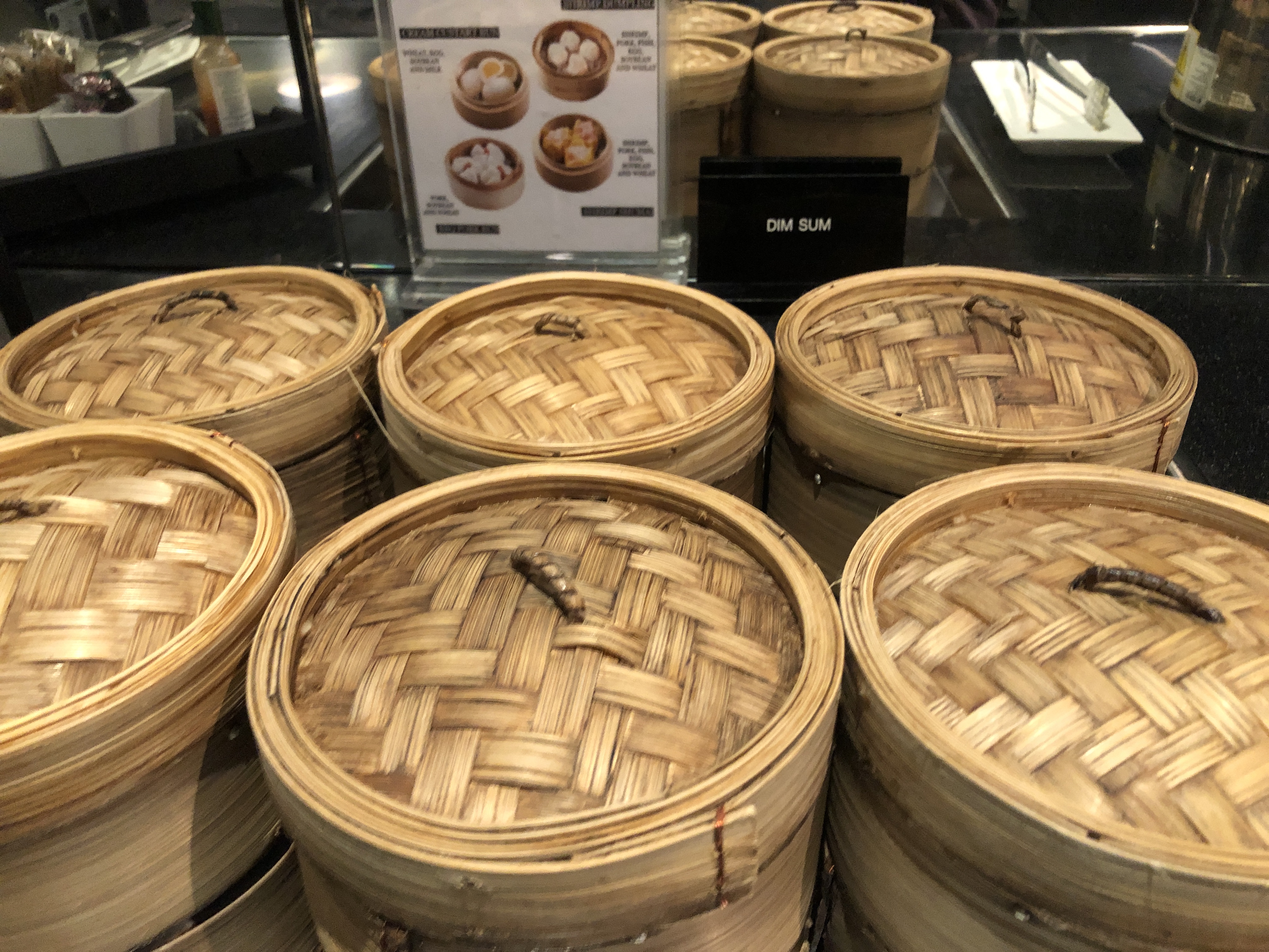a group of baskets on a shelf