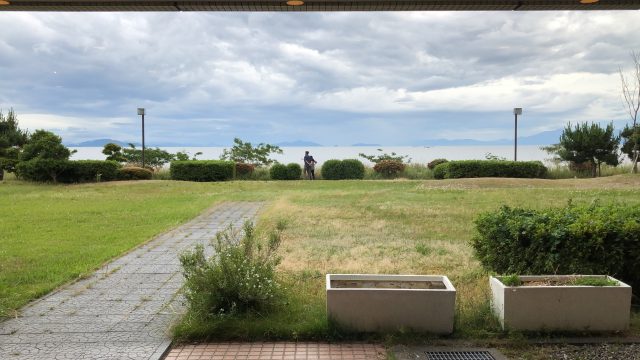 a person walking on a path in a grass field