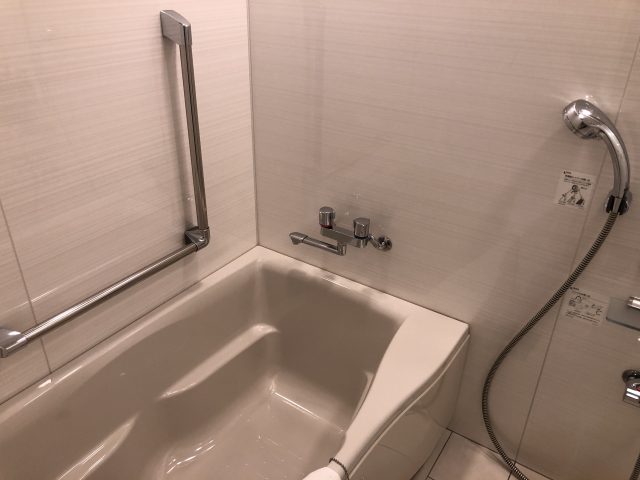 a bathtub with a shower unit